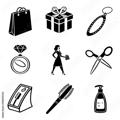 Stylized black and white illustrations of various personal care and shopping items including a shopping bag gift box jewelry ring woman with