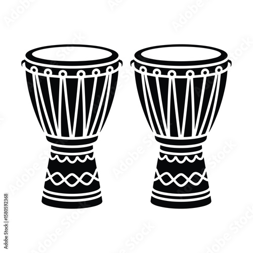 Black and white illustration of two traditional african djembe drums isolated on white background