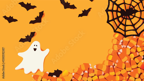 A festive halloween scene with bats, ghost, spiderweb and candy corn on an orange background space for text