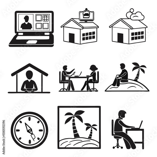 comprehensive collection of digital workspace, remote office setup, outdoor relaxation areas, and tropical island scenes featuring homesteading
