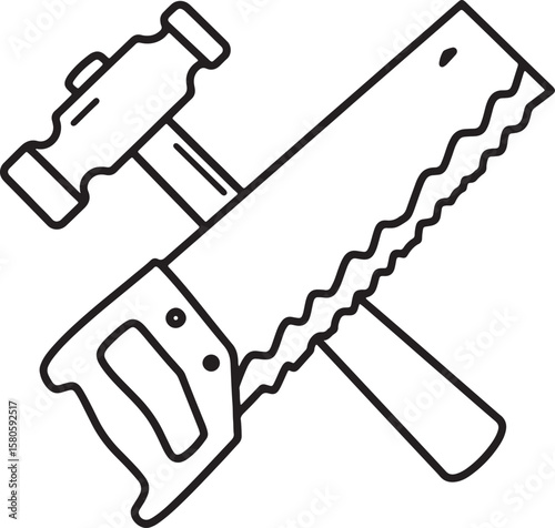 Black and white illustration of crossed hammer and hand saw for construction and carpentry