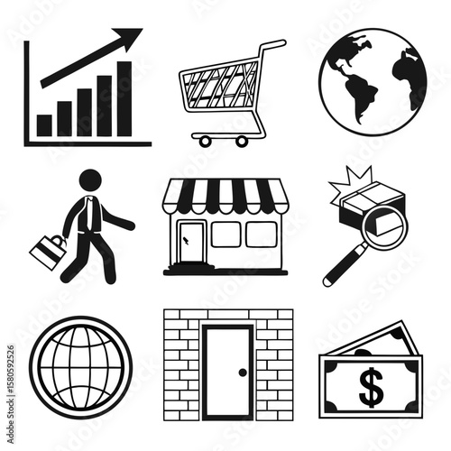 Collection of Business and Consumer Icons Depicting Market Growth Shopping Global Access and Commercial Transactions