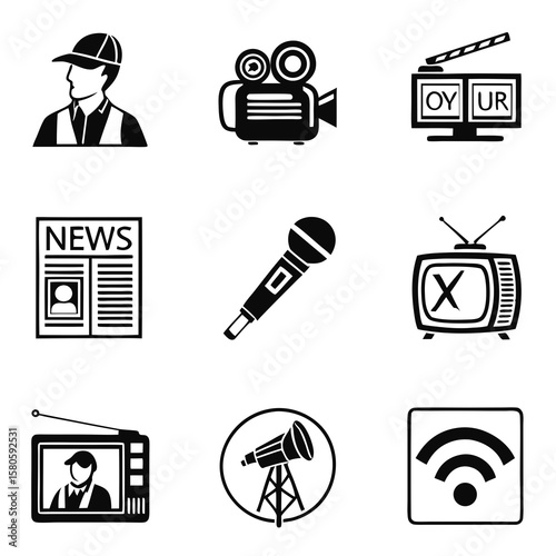 Collection of monochrome icons representing media, communication, and broadcasting tools including microphones, cameras, news screens, and wireless