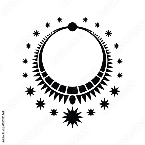 Elegant black and white celestial design featuring stars and a central circular element