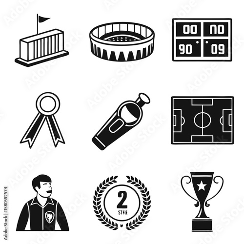 Illustration of sports and athletic achievements including stadium, medals, trophies, and athlete representations in a minimalistic style