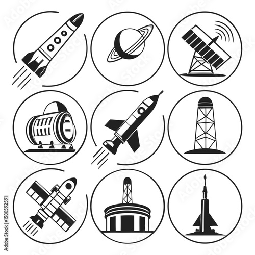 Collection of various space exploration icons depicting rockets satellites and space stations in minimalist line art style suitable for educational