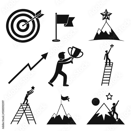 Conceptual illustration of goal achievement and success strategies with diverse symbolic representations of progress and ambition