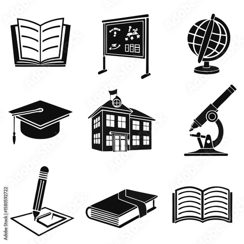 Educational and scientific icons representing learning environments and research tools for academic settings and exploration activities