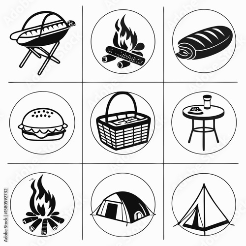 Essential camping and outdoor cooking icons set featuring grill, fire, loaf, sandwich, picnic basket, table, campfire, tent, and tent pole