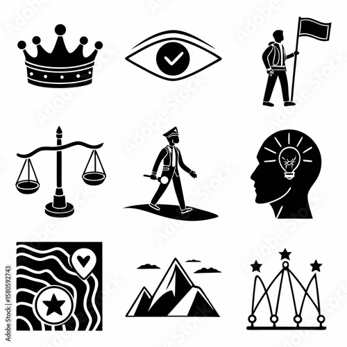 Symbolic representations of authority perception surveillance justice leadership and natural exploration in minimalistic black and white icon design