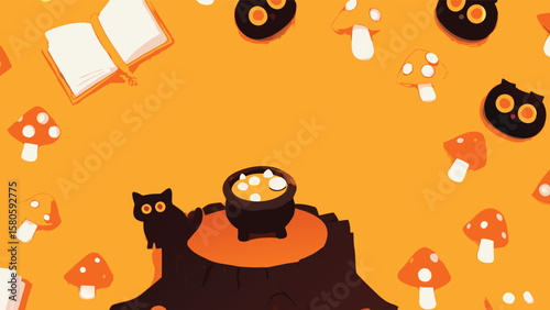 A whimsical halloween scene with black cat, cauldron, mushrooms, and open book on orange background