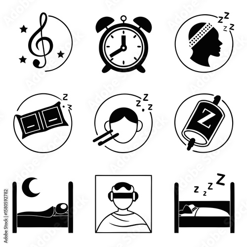 Illustration of sleep-related icons emphasizing the importance of restful nights and healthy sleep habits with visually engaging symbols