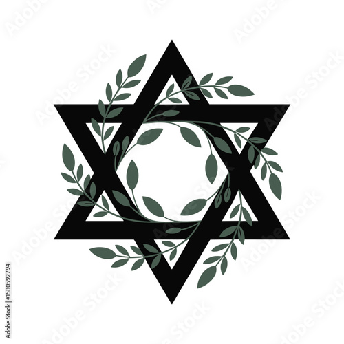 Elegant vector illustration of a star of david decorated with green leaf branches