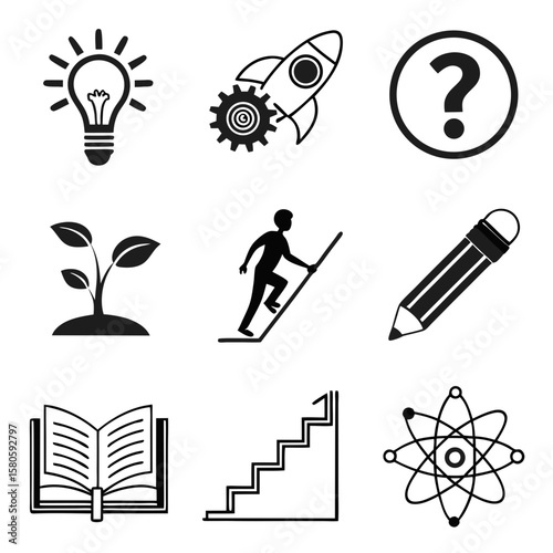 Innovative symbols representing creativity growth and scientific exploration in a minimalistic design