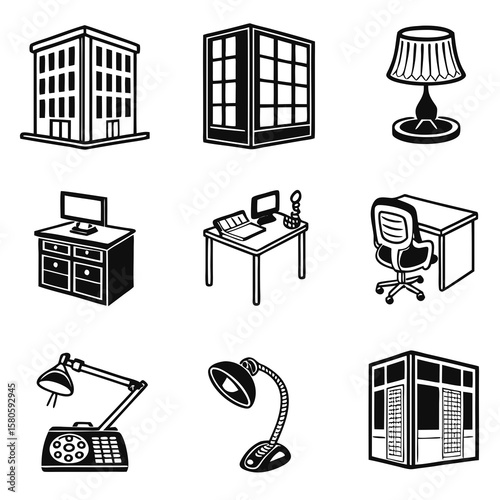 Modern Office Furniture and Equipment Collection Showcasing Workspaces and Desk Accessories for Business Environments