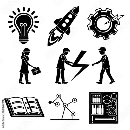 Innovative concepts of technology and creativity depicted through dynamic icons representing ideas innovation and digital progress