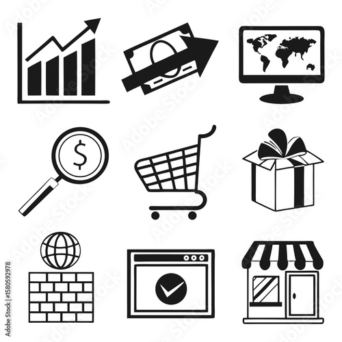 Collection of eCommerce and digital marketing icons representing growth, shopping, currency, and online business elements