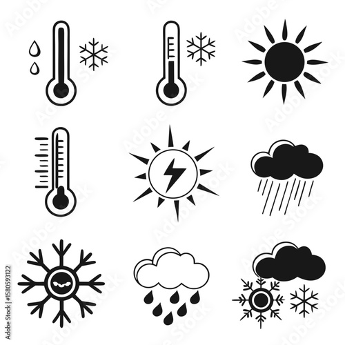 Comprehensive Weather Condition Icons Representing Temperature, Sunlight, and Precipitation for Climate Monitoring and Weather Forecasting