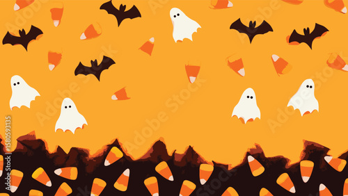 Halloween themed background with bats ghosts and candy corn on an orange background design pattern