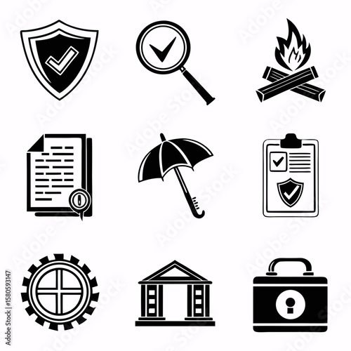 Collection of security, protection, and safety icons representing various aspects of safeguarding and security measures in modern environments