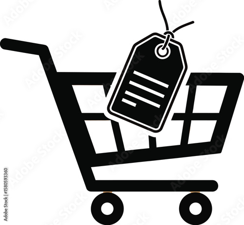 Black shopping cart icon with a price tag for retail sales concept.