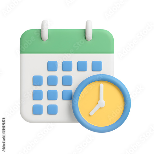 3D calendar icon with yellow clock for date and time management, isolated on transparent background