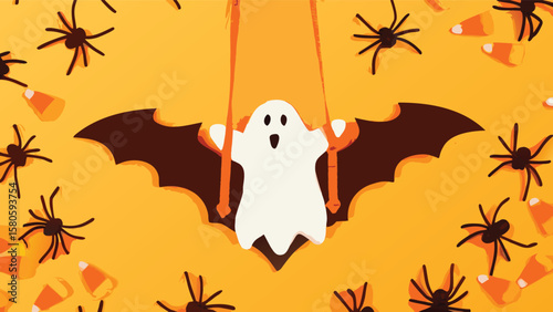 Halloween themed background featuring a ghost on a bat swing with spiders and candy corn scattered around