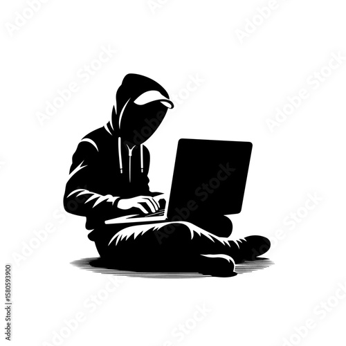 Computer hacker with laptop  silhouette , hacker with laptop vector