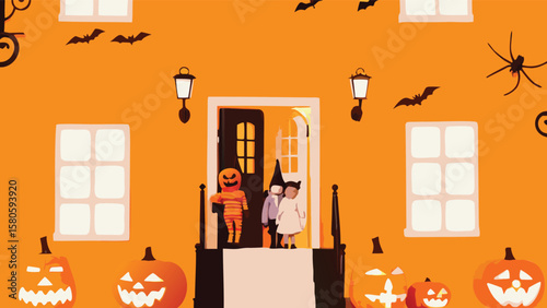 Halloween scene of children trick or treating at a house decorated with bats and pumpkins outdoors