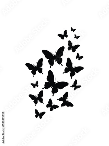 Graceful silhouettes of butterflies flutter upwards in a minimal design, ideal for backgrounds, decorations and artistic designs, with a classic black and white style