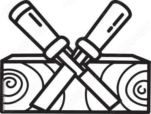 Cross chisels on a wooden block black and white carpenter tool illustration