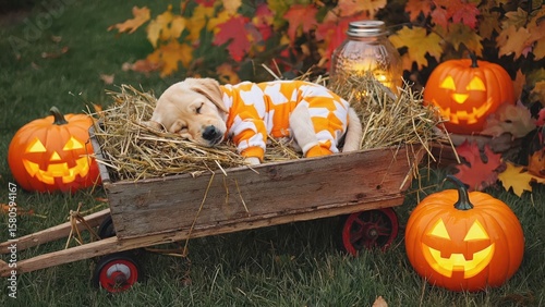 puppy in halloween pajamas sleeping in wooden cart with pumpkins