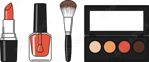 Cosmetics collection features lipstick, nail polish, brush, and eyeshadow palette.