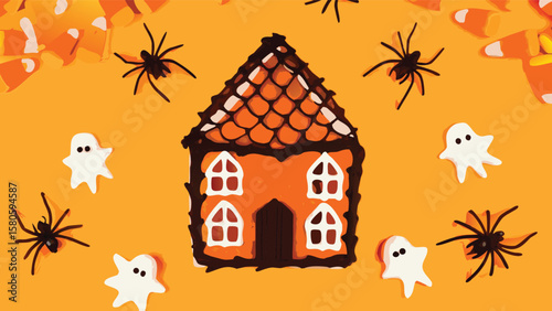 Overhead shot of halloween themed gingerbread house with candy corn spiders and ghost cookies on orange