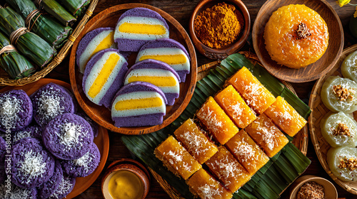  Assorted Filipino kakanin rice cakes on banana leaf
