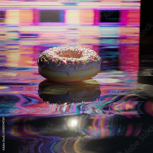 Glazed donut glowing with electric energy on reflective surface – a surreal fusion of indulgence, science fiction, and visual temptation.