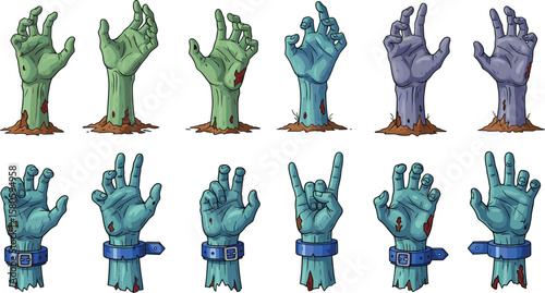 Zombie hands collection, cartoon style, horror illustration, creepy undead arms, rising from ground, Halloween theme, spooky vector art design