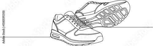 Line art illustration showcases two athletic running shoes design.