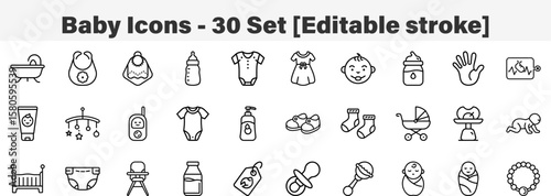 Baby icons 30 Set. Line Art Icon Collection. Editable Stroke. Vector Illustration