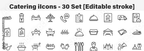 Catering icons 30 Set. Line Art Icon Collection. Editable Stroke. Vector Illustration