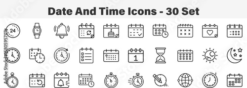 Date And Time icons 30 Set. Line Art Icon Collection. Editable Stroke. Vector Illustration