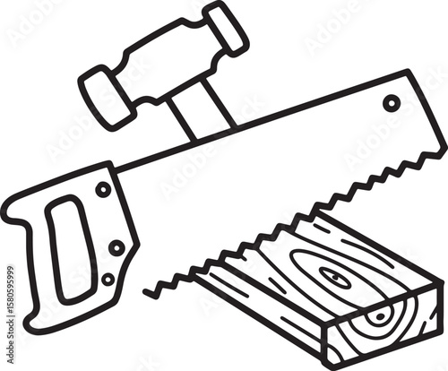 Hand saw hammer and wood plank vector graphic illustration in a simple black outline style