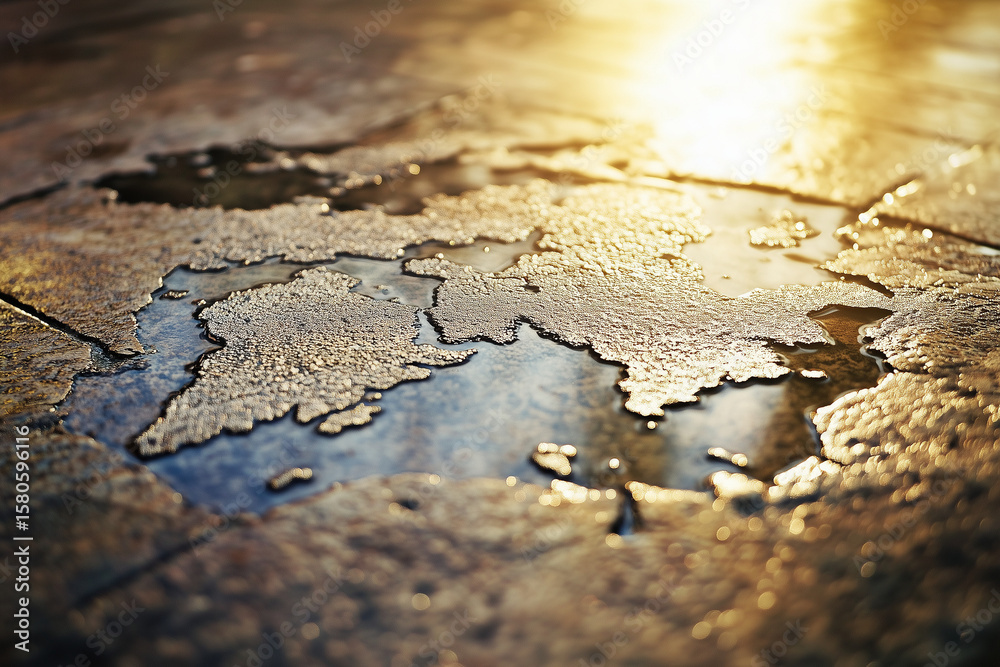 Obraz premium Cracked ground with glistening water and sunlight – a poetic composition reflecting drought, resilience, and the fragile beauty of contrast.