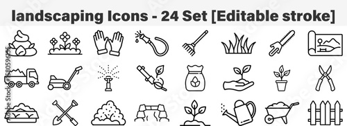 landscaping icons 24 Set. Line Art Icon Collection. Editable Stroke. Vector Illustration