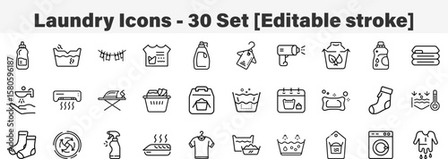 Laundry icons 30 Set. Line Art Icon Collection. Editable Stroke. Vector Illustration