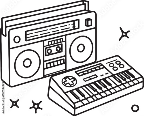 Line art illustration of a vintage boombox and a keyboard synthesizer musical equipment