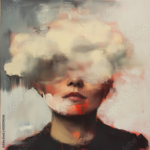 Surreal portrait of a person with a clouded head – visual metaphor for daydreaming, mental fog, or creative imagination beyond logic.