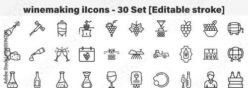 winemaking icons 30 Set. Line Art Icon Collection. Editable Stroke. Vector Illustration