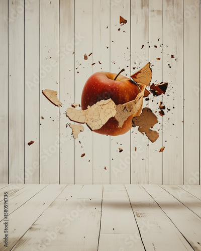 Surreal image of an apple breaking out of a porcelain shell – symbolizing transformation, hidden potential, and unexpected change.