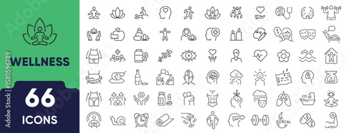 Wellness Line Icon Set. Set of 66 outline icons including meditation, self-care, balance, healthy habits, relaxation, mental health, and fitness. Editable stroke. Linear vector illustration.